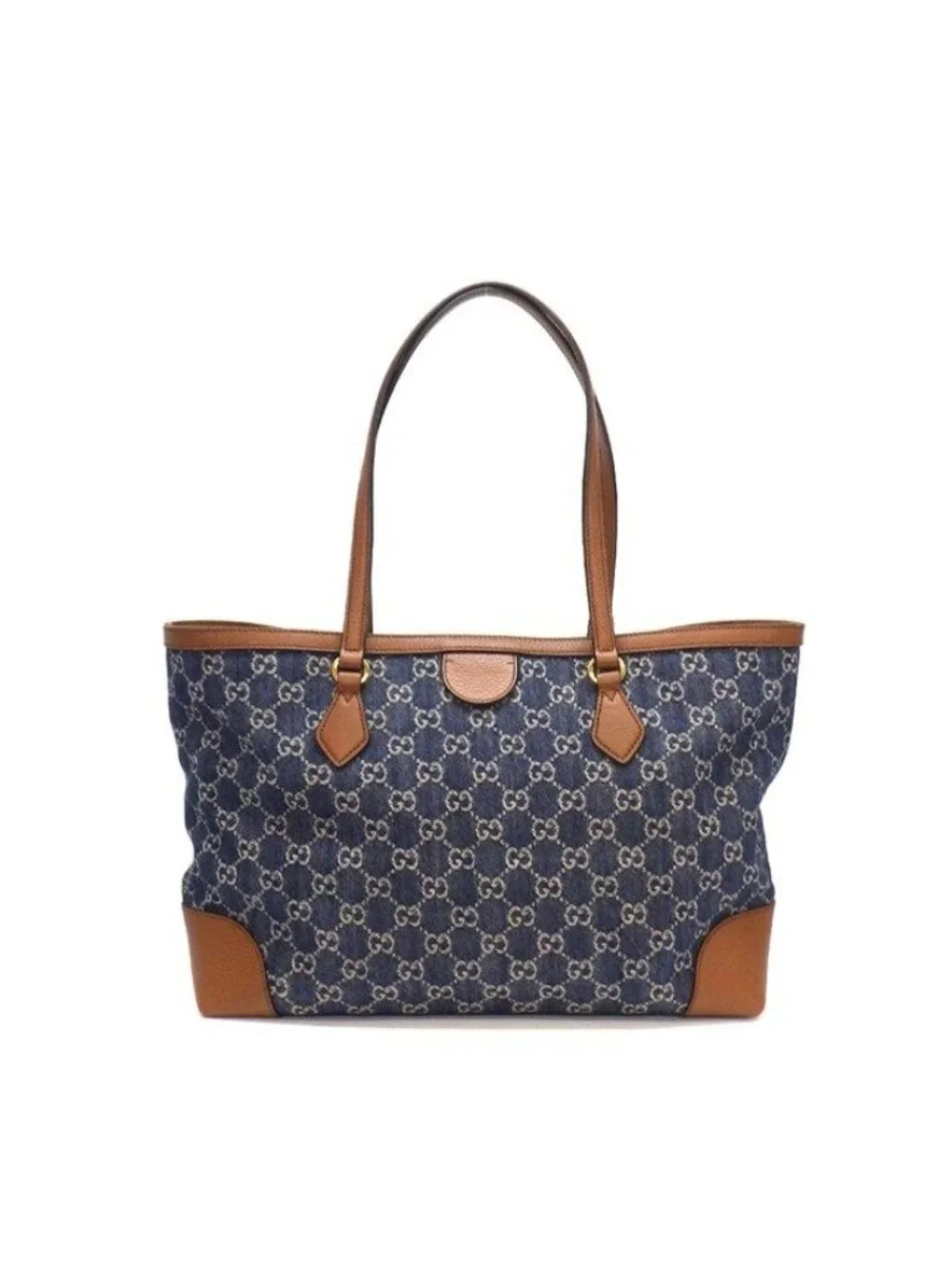 Gucci Tote Bag Ophidia Medium Blue GG Denim Brown Leather Gold